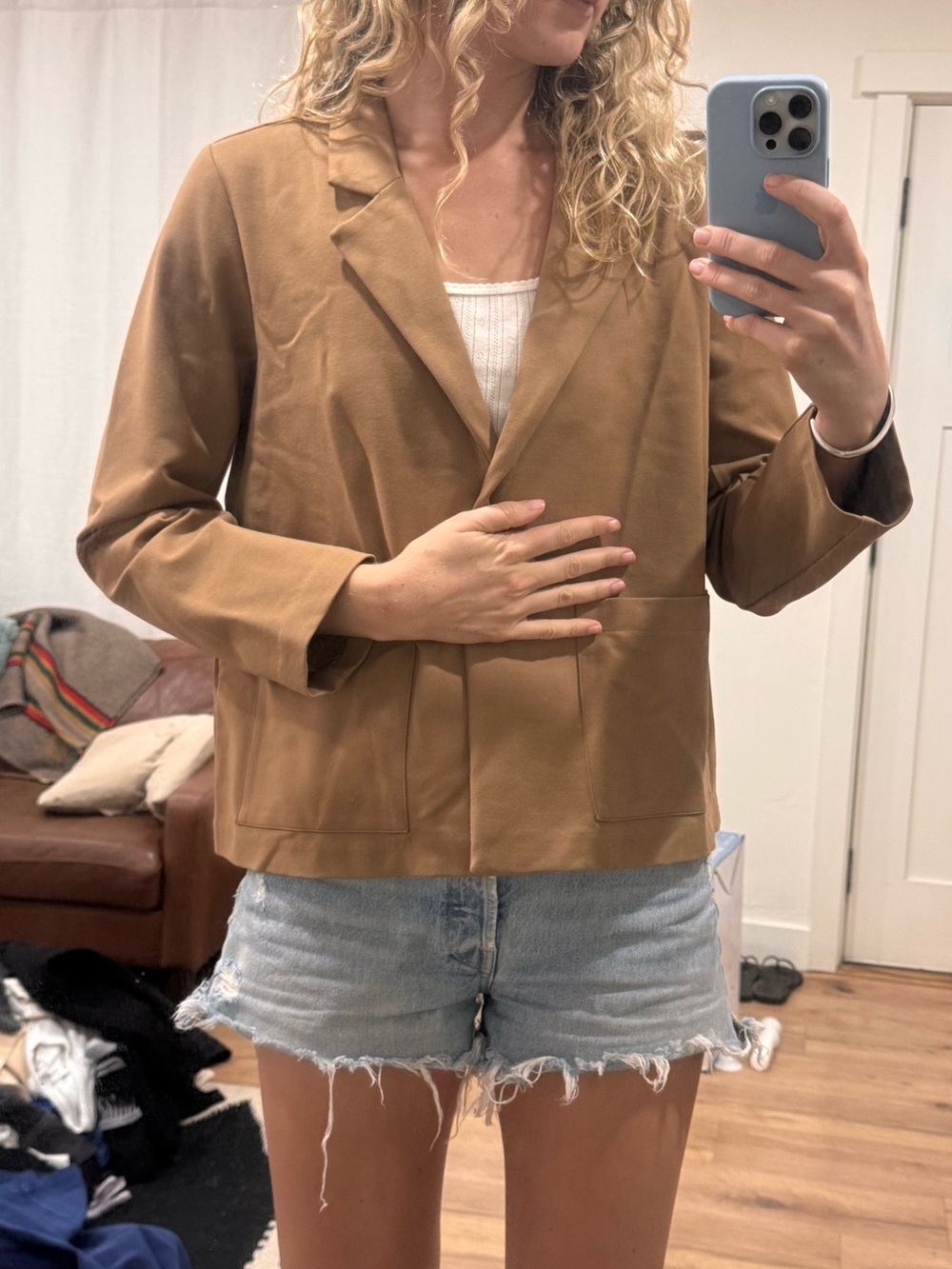 Quince Womens Tan Cropped Blazer Jacket - Casual Tailored Coat